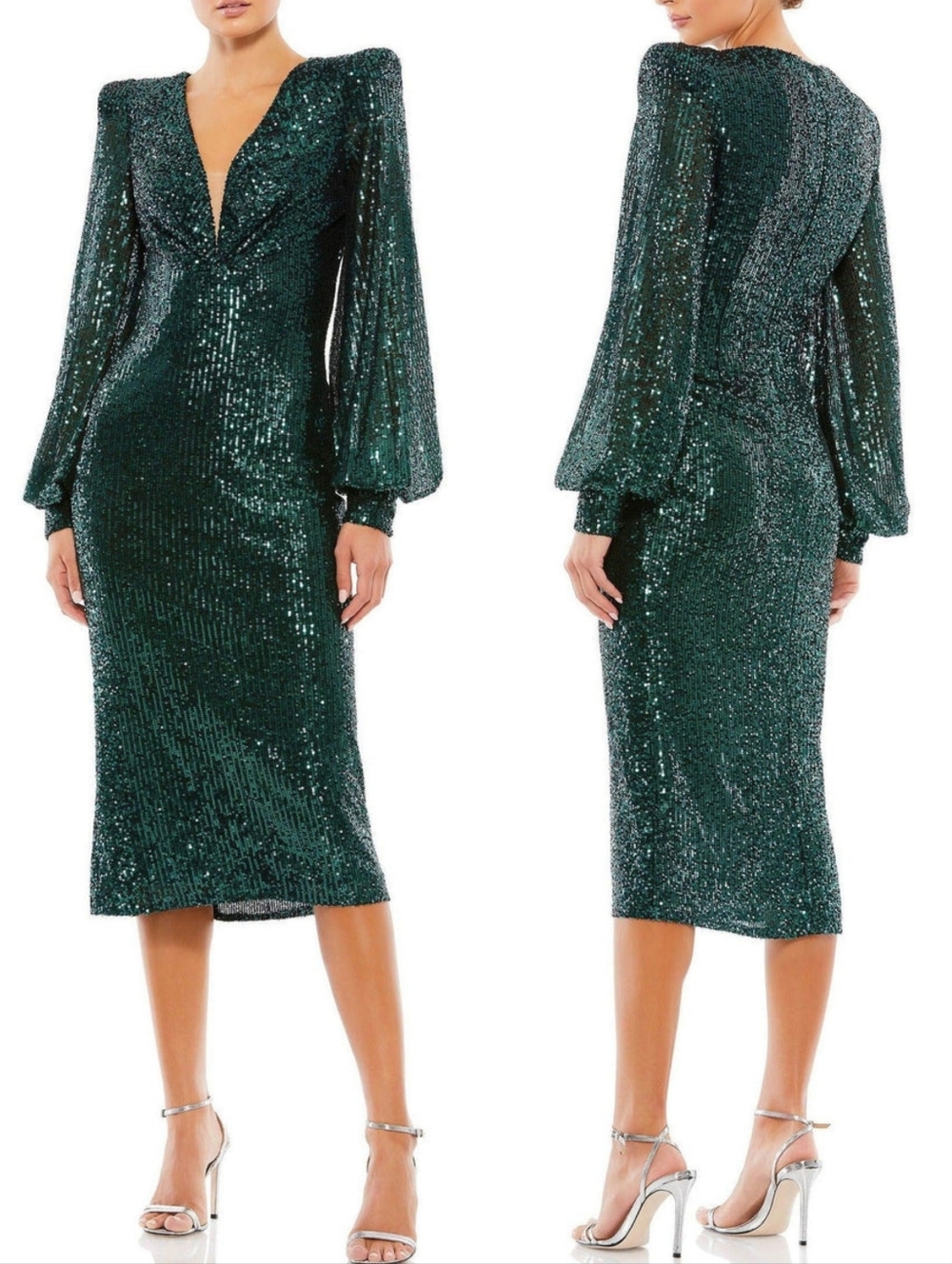 Ieena Mac Duggal 26866 Black Green Sequin V-Neck Long Sleeve Midi Dress 0 NWT